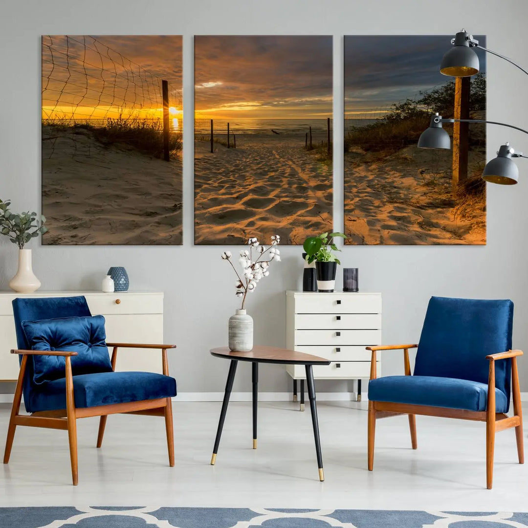 The "Mesmerizing Beach Way to Sunset" triptych wall art graces the space above white cabinets. Crafted on museum-quality canvases, it ensures vibrant colors and durability, and comes ready to hang for easy installation.