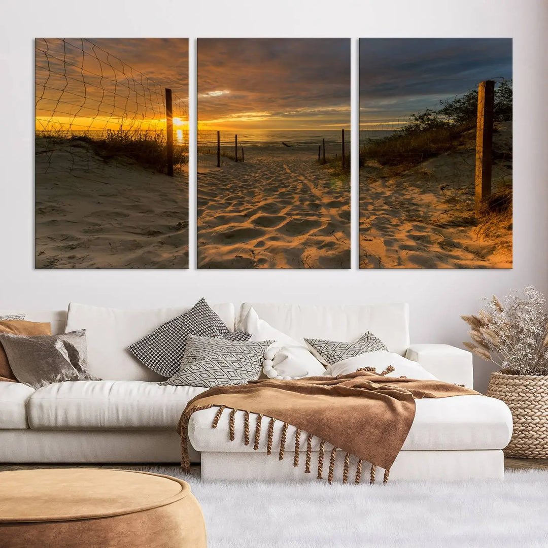 The "Mesmerizing Beach Way to Sunset" triptych wall art graces the space above white cabinets. Crafted on museum-quality canvases, it ensures vibrant colors and durability, and comes ready to hang for easy installation.