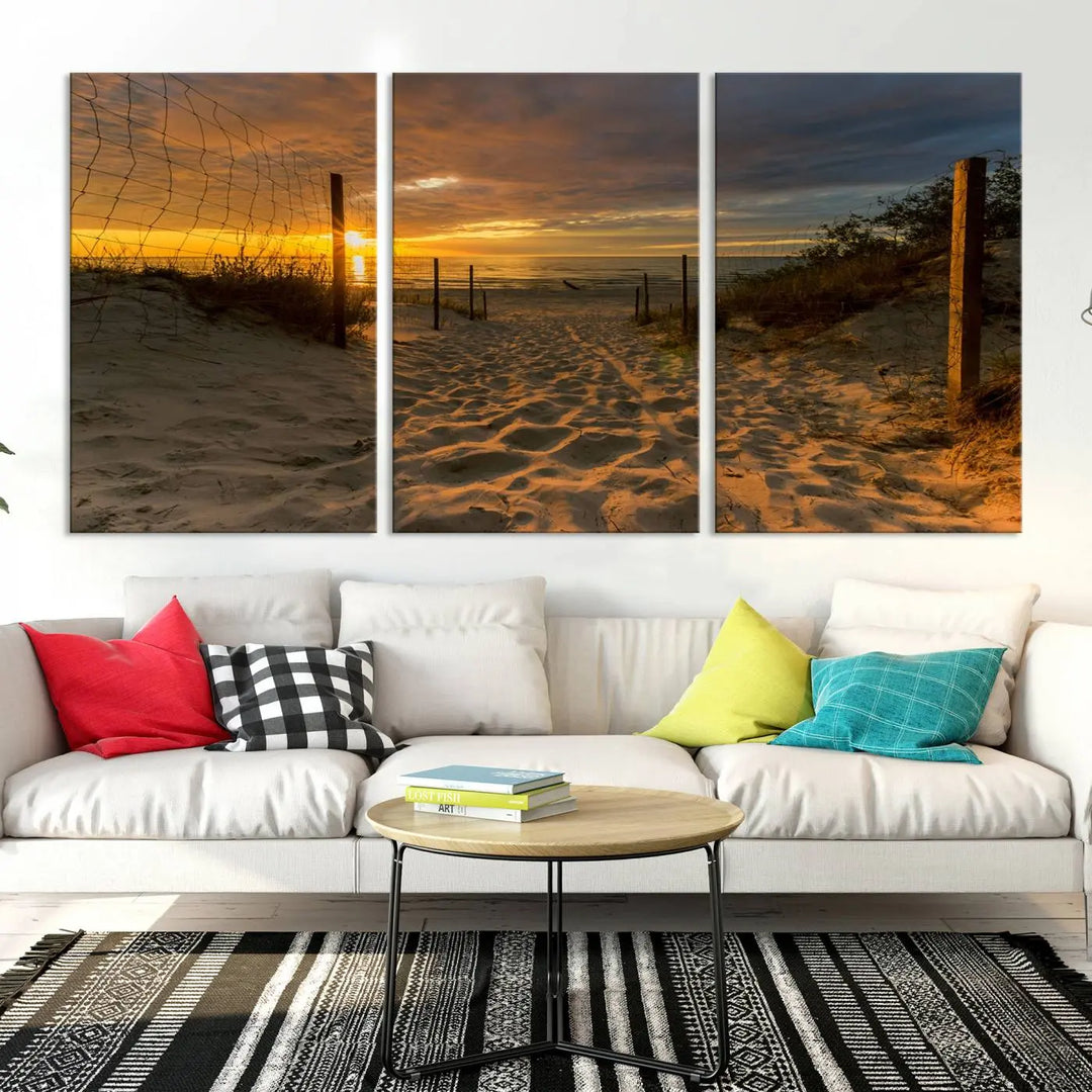 The "Mesmerizing Beach Way to Sunset" triptych wall art graces the space above white cabinets. Crafted on museum-quality canvases, it ensures vibrant colors and durability, and comes ready to hang for easy installation.