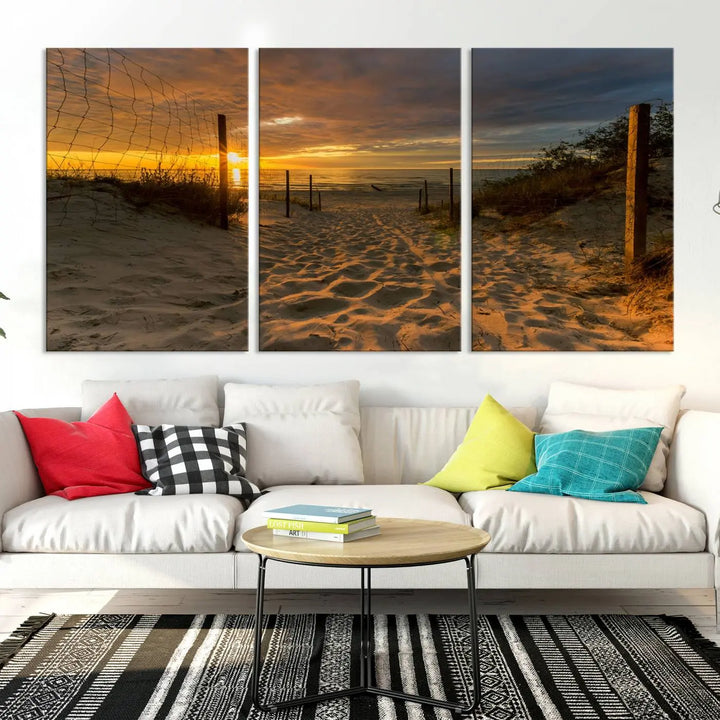 The "Mesmerizing Beach Way to Sunset" triptych wall art graces the space above white cabinets. Crafted on museum-quality canvases, it ensures vibrant colors and durability, and comes ready to hang for easy installation.