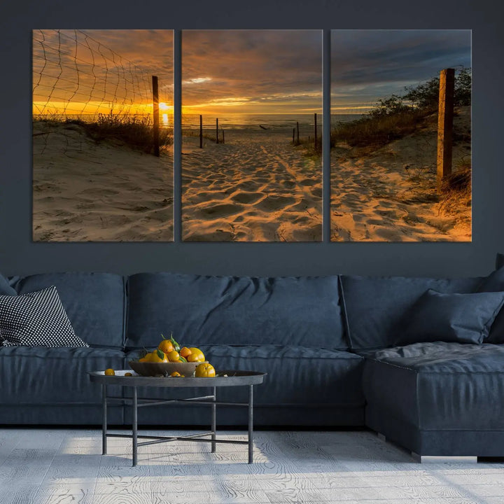 The "Mesmerizing Beach Way to Sunset" triptych wall art graces the space above white cabinets. Crafted on museum-quality canvases, it ensures vibrant colors and durability, and comes ready to hang for easy installation.