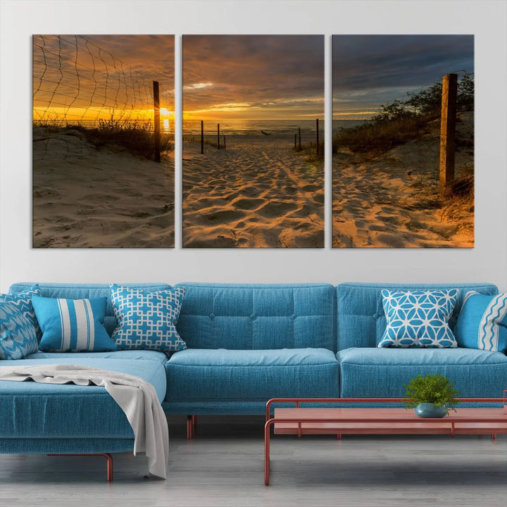 The "Mesmerizing Beach Way to Sunset" triptych wall art graces the space above white cabinets. Crafted on museum-quality canvases, it ensures vibrant colors and durability, and comes ready to hang for easy installation.