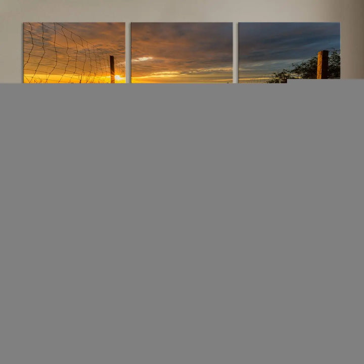 The "Mesmerizing Beach Way to Sunset" triptych wall art graces the space above white cabinets. Crafted on museum-quality canvases, it ensures vibrant colors and durability, and comes ready to hang for easy installation.