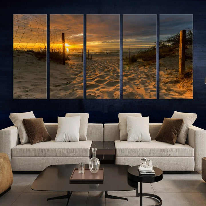 The "Mesmerizing Beach Way to Sunset" triptych wall art graces the space above white cabinets. Crafted on museum-quality canvases, it ensures vibrant colors and durability, and comes ready to hang for easy installation.