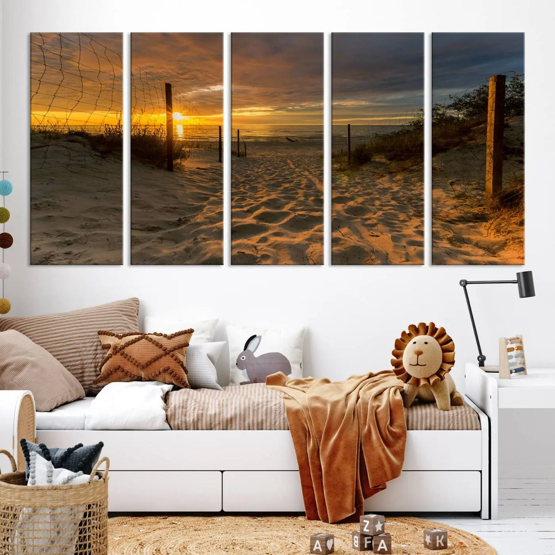 The "Mesmerizing Beach Way to Sunset" triptych wall art graces the space above white cabinets. Crafted on museum-quality canvases, it ensures vibrant colors and durability, and comes ready to hang for easy installation.