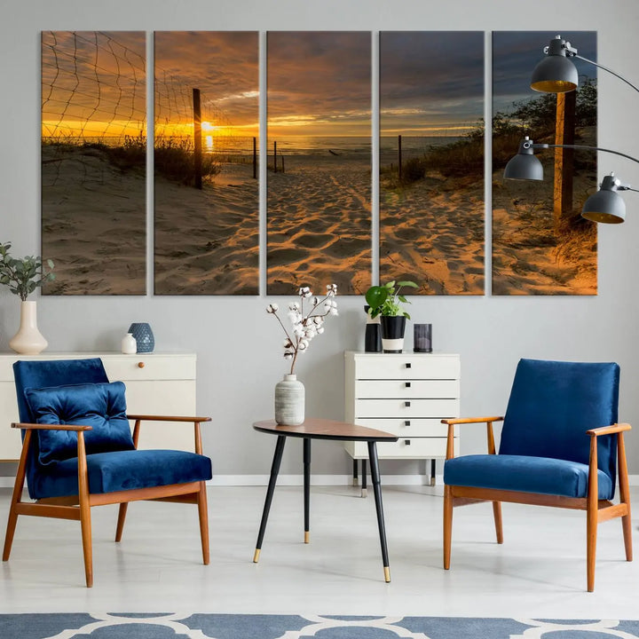 The "Mesmerizing Beach Way to Sunset" triptych wall art graces the space above white cabinets. Crafted on museum-quality canvases, it ensures vibrant colors and durability, and comes ready to hang for easy installation.