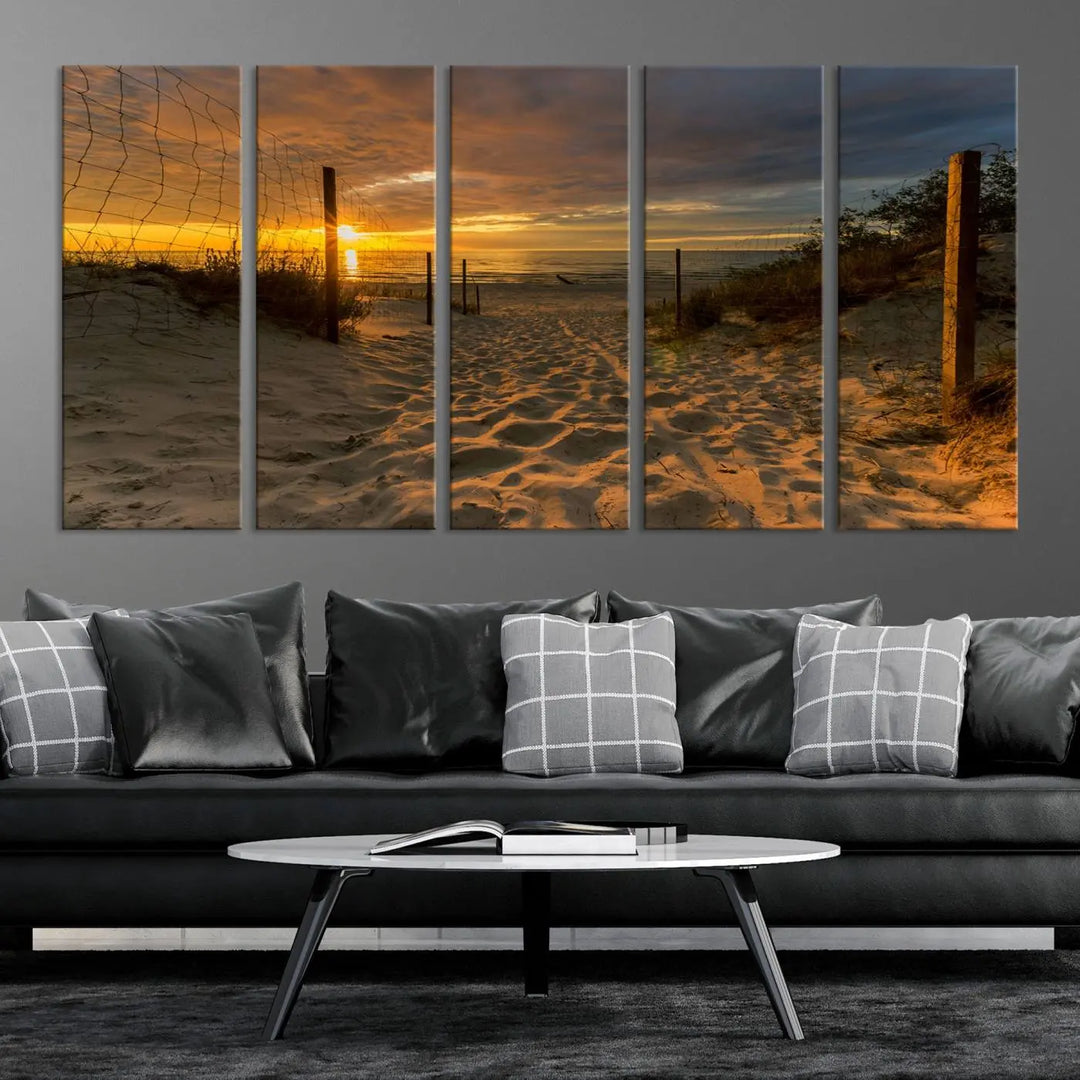 The "Mesmerizing Beach Way to Sunset" triptych wall art graces the space above white cabinets. Crafted on museum-quality canvases, it ensures vibrant colors and durability, and comes ready to hang for easy installation.