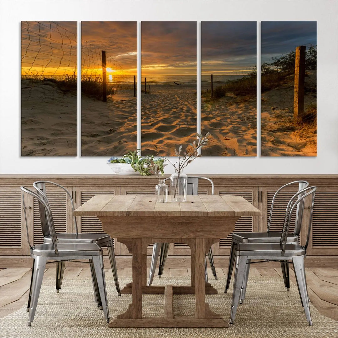 The "Mesmerizing Beach Way to Sunset" triptych wall art graces the space above white cabinets. Crafted on museum-quality canvases, it ensures vibrant colors and durability, and comes ready to hang for easy installation.