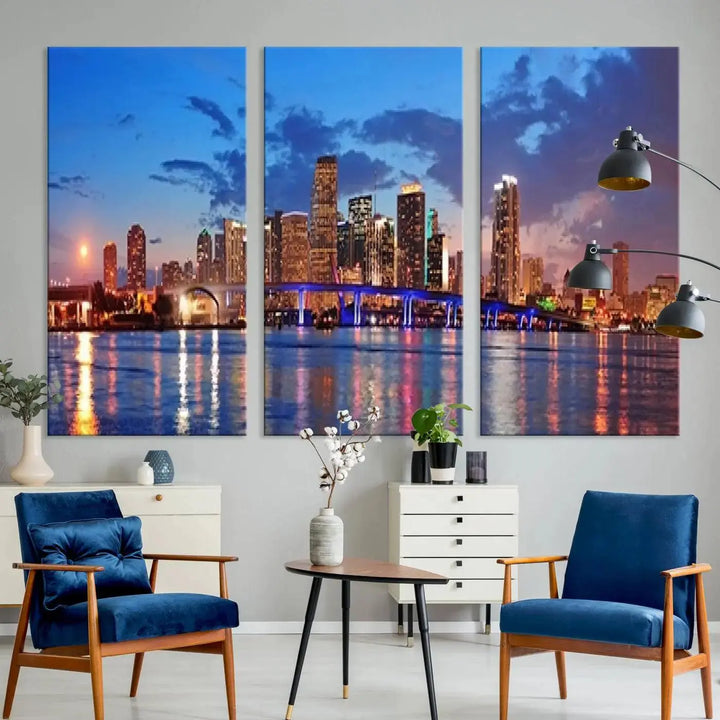 The room features a Miami City Wall Art Canvas Print displayed on the wall.