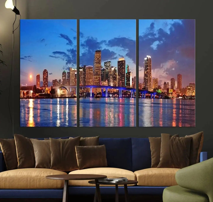 The room features a Miami City Wall Art Canvas Print displayed on the wall.