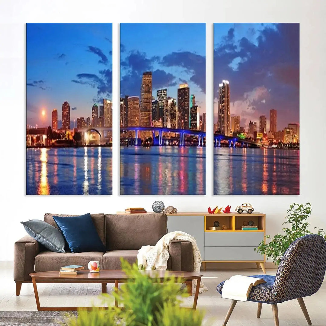 The room features a Miami City Wall Art Canvas Print displayed on the wall.