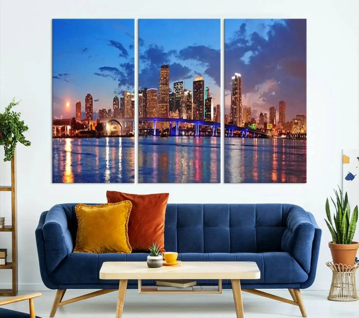 The room features a Miami City Wall Art Canvas Print displayed on the wall.