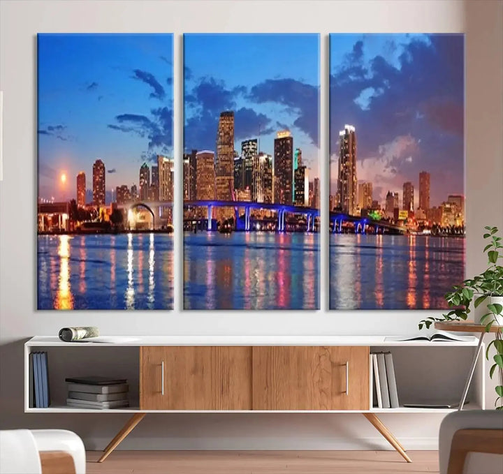 The room features a Miami City Wall Art Canvas Print displayed on the wall.