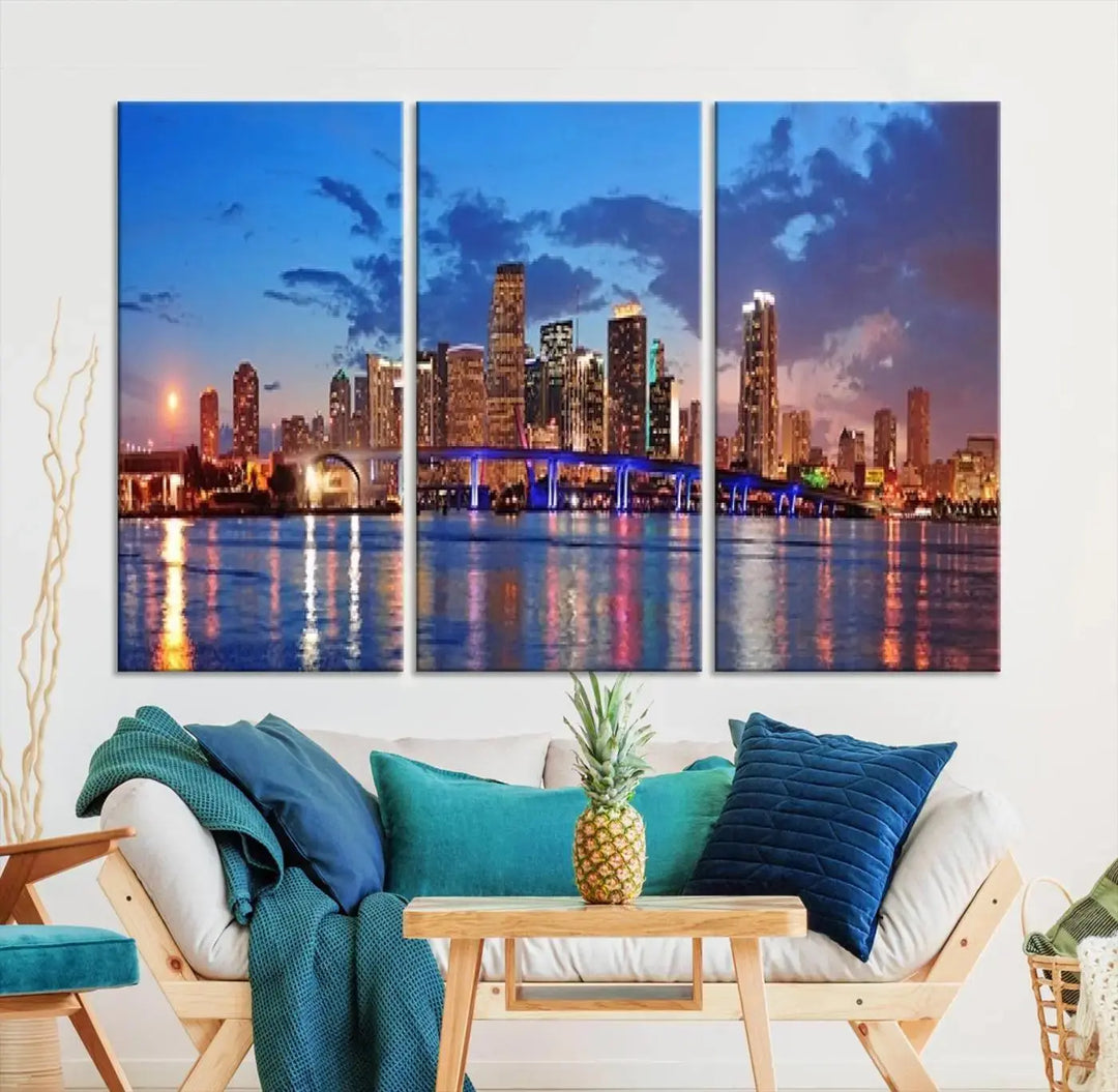 The room features a Miami City Wall Art Canvas Print displayed on the wall.