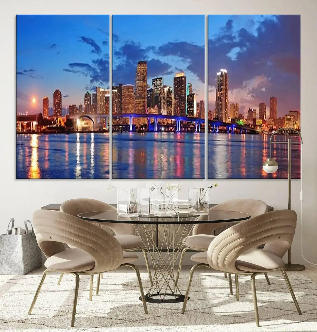 The room features a Miami City Wall Art Canvas Print displayed on the wall.