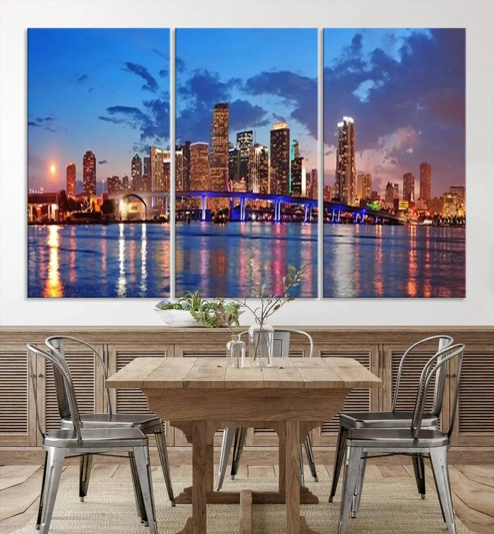 The room features a Miami City Wall Art Canvas Print displayed on the wall.