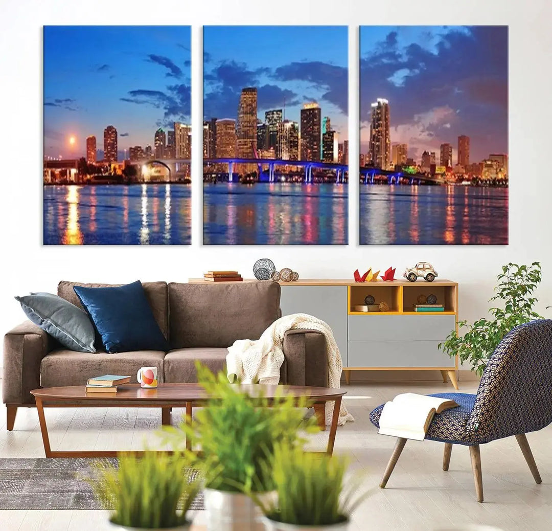 The room features a Miami City Wall Art Canvas Print displayed on the wall.