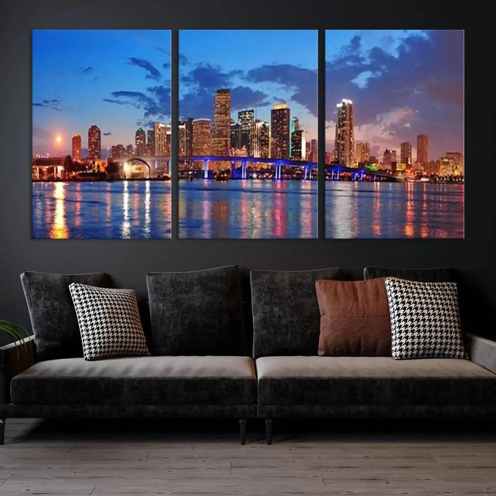 The room features a Miami City Wall Art Canvas Print displayed on the wall.