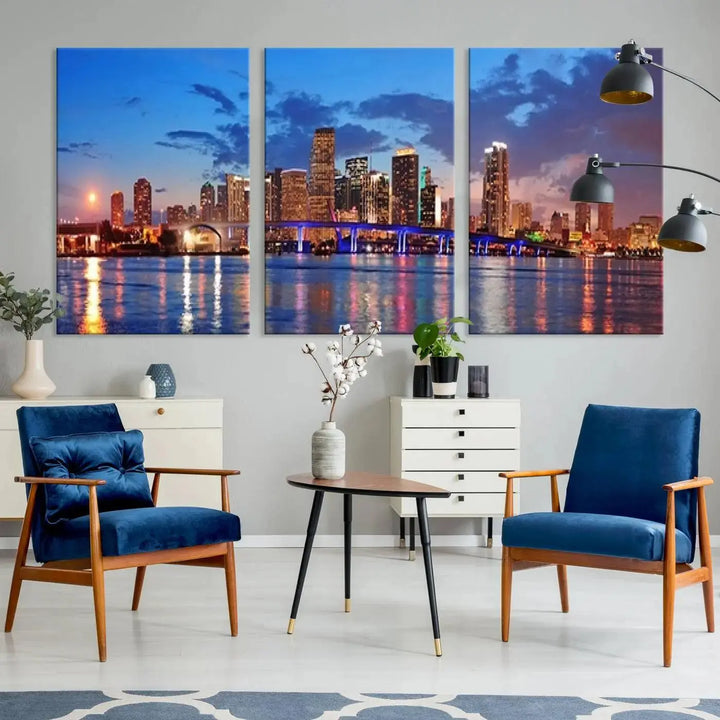 The room features a Miami City Wall Art Canvas Print displayed on the wall.