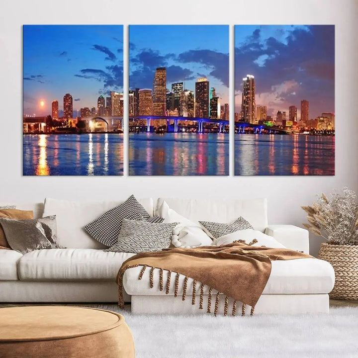 The room features a Miami City Wall Art Canvas Print displayed on the wall.