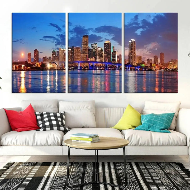 The room features a Miami City Wall Art Canvas Print displayed on the wall.