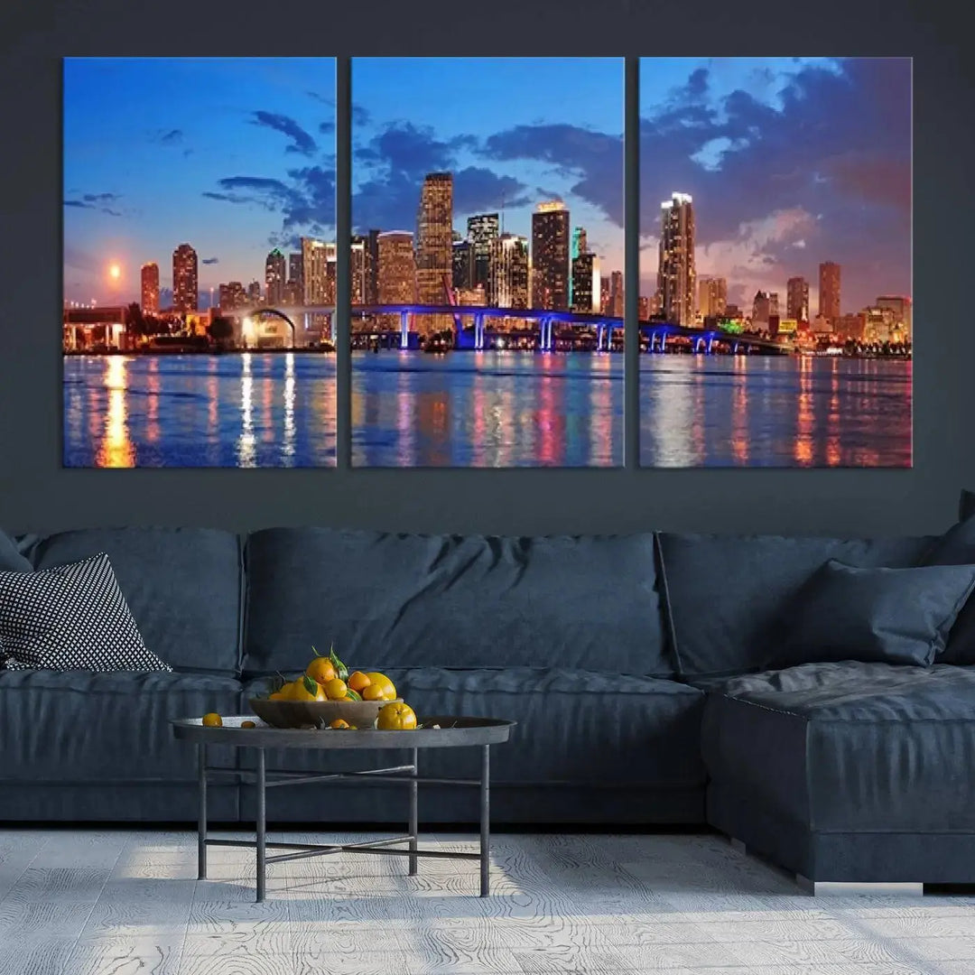 The room features a Miami City Wall Art Canvas Print displayed on the wall.