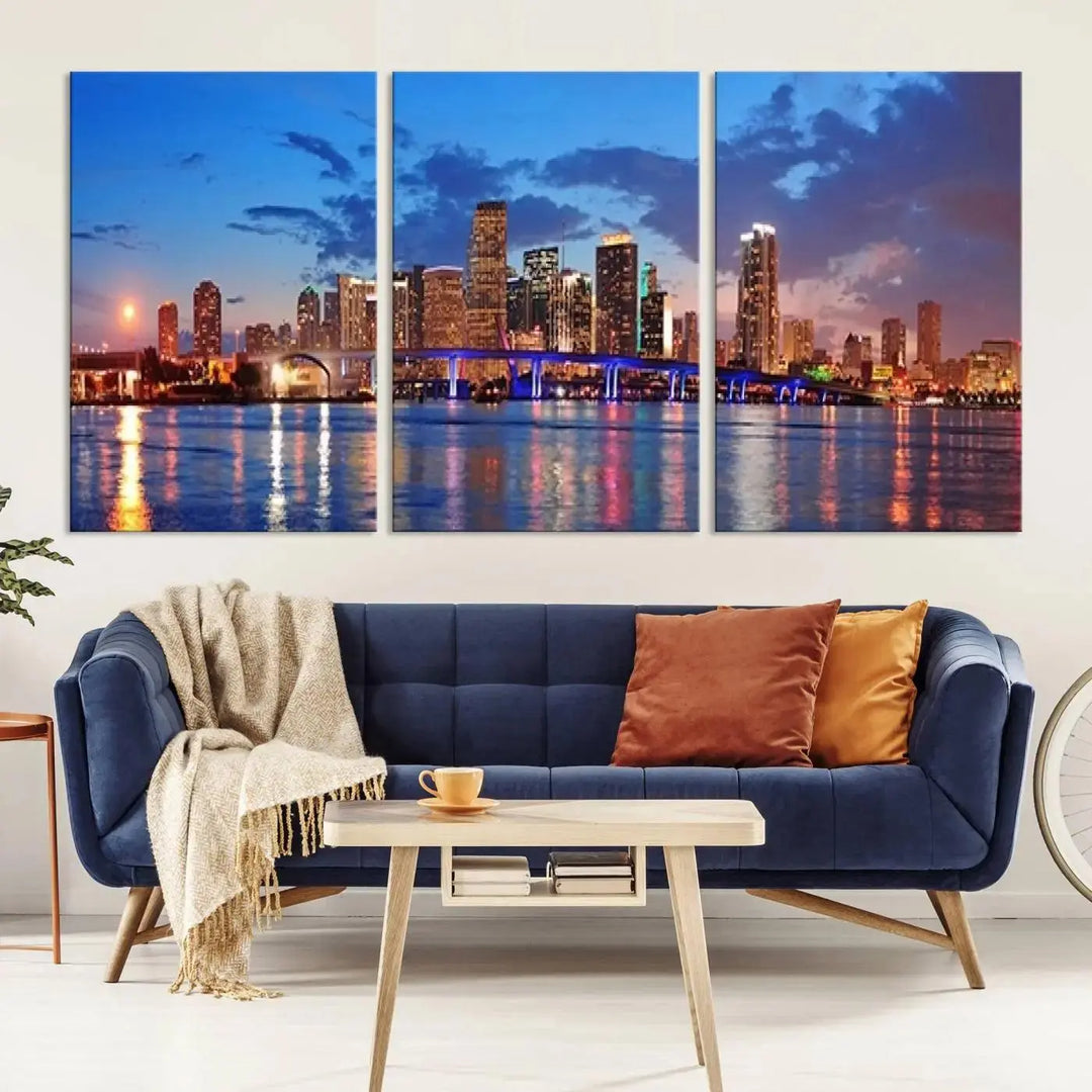 The room features a Miami City Wall Art Canvas Print displayed on the wall.