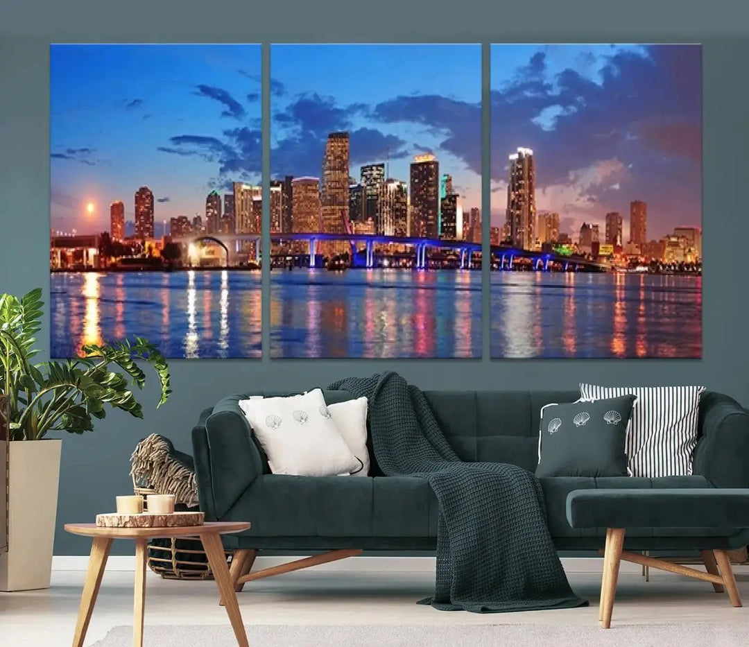 The room features a Miami City Wall Art Canvas Print displayed on the wall.