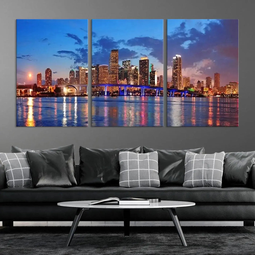 The room features a Miami City Wall Art Canvas Print displayed on the wall.