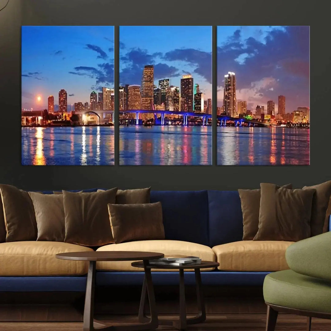 The room features a Miami City Wall Art Canvas Print displayed on the wall.