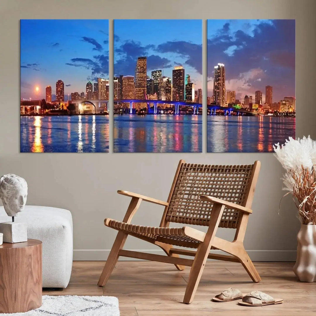 The room features a Miami City Wall Art Canvas Print displayed on the wall.