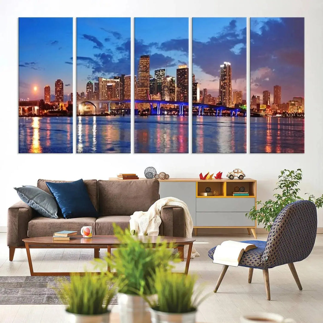 The room features a Miami City Wall Art Canvas Print displayed on the wall.