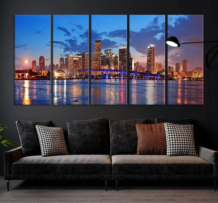 The room features a Miami City Wall Art Canvas Print displayed on the wall.