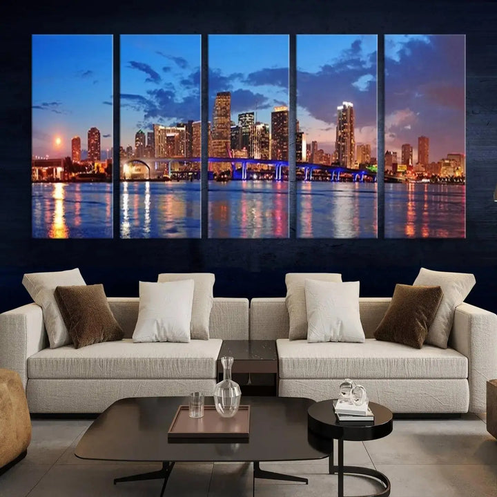 The room features a Miami City Wall Art Canvas Print displayed on the wall.