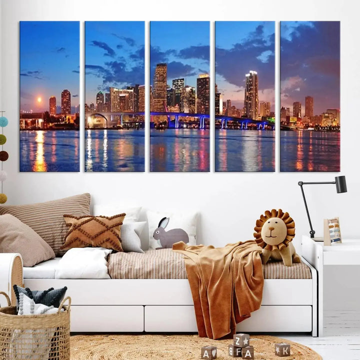 The room features a Miami City Wall Art Canvas Print displayed on the wall.