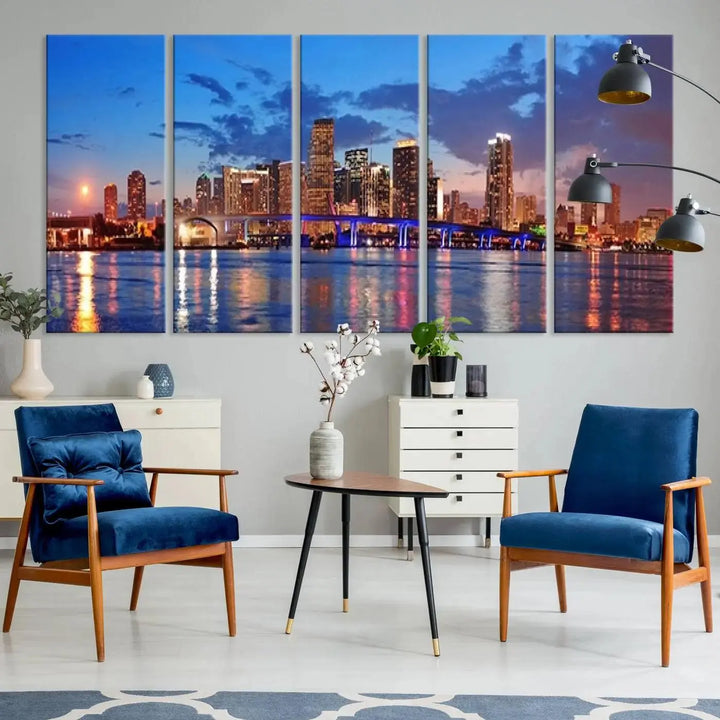 The room features a Miami City Wall Art Canvas Print displayed on the wall.