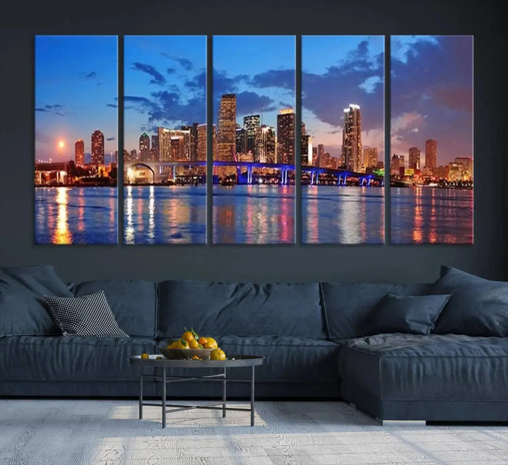 The room features a Miami City Wall Art Canvas Print displayed on the wall.