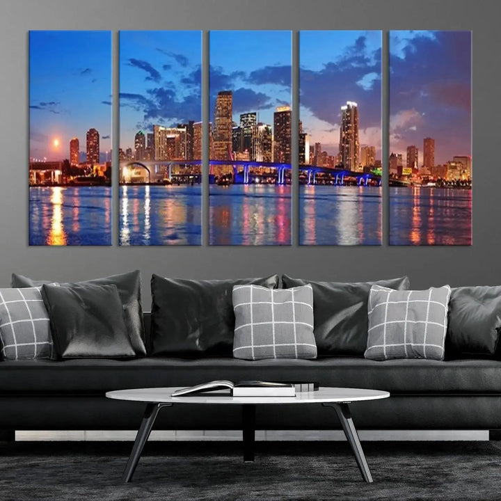 The room features a Miami City Wall Art Canvas Print displayed on the wall.