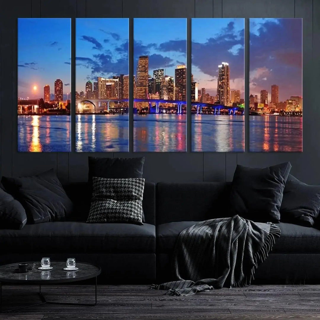 The room features a Miami City Wall Art Canvas Print displayed on the wall.