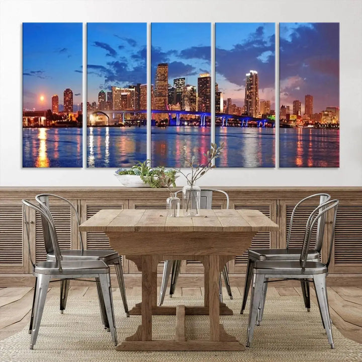 The room features a Miami City Wall Art Canvas Print displayed on the wall.