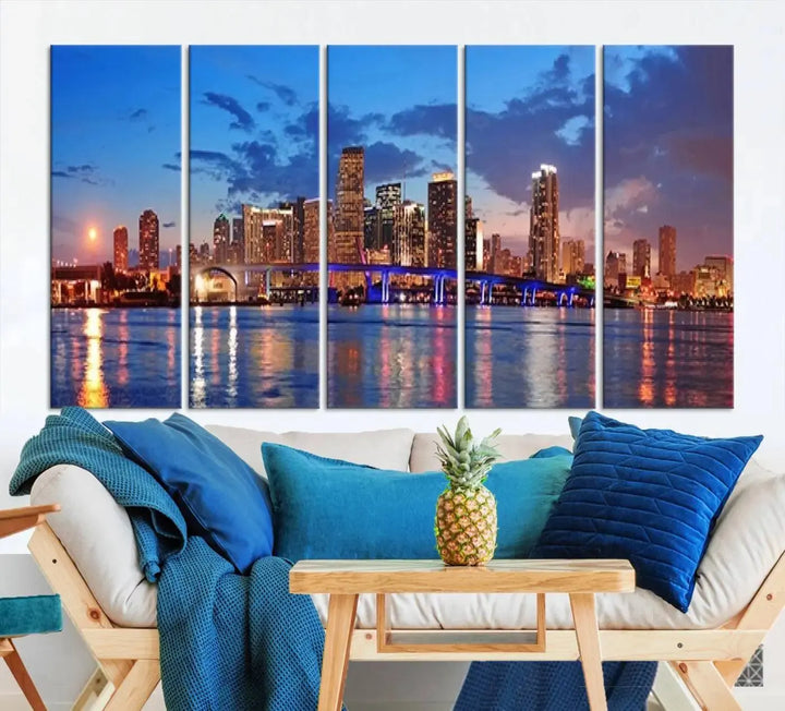 The room features a Miami City Wall Art Canvas Print displayed on the wall.