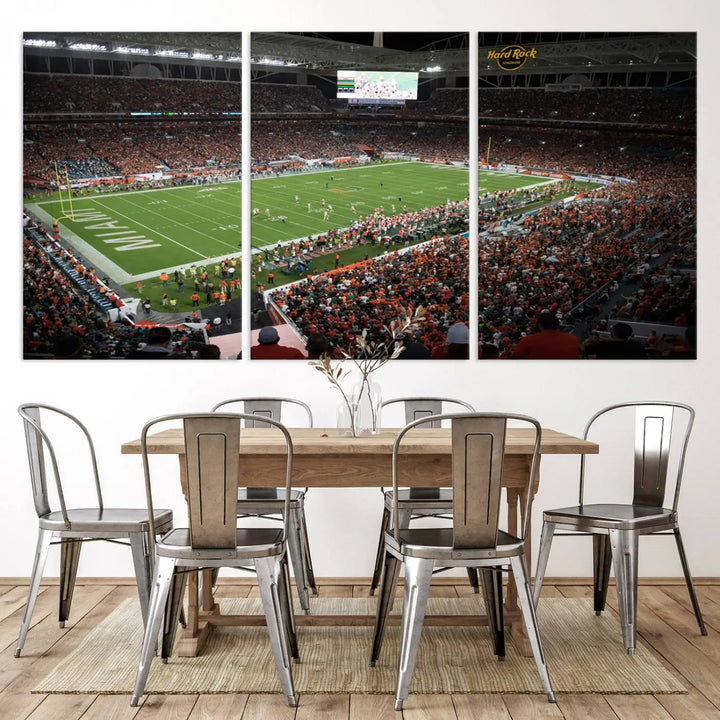 The Miami Hurricanes Football Team Print, showcasing the energetic Miami Hard Rock Stadium filled with fans, is a premium canvas print that offers a gallery-quality finish, ideal for enhancing your space.