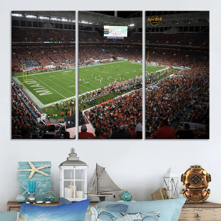 The Miami Hurricanes Football Team Print, showcasing the energetic Miami Hard Rock Stadium filled with fans, is a premium canvas print that offers a gallery-quality finish, ideal for enhancing your space.