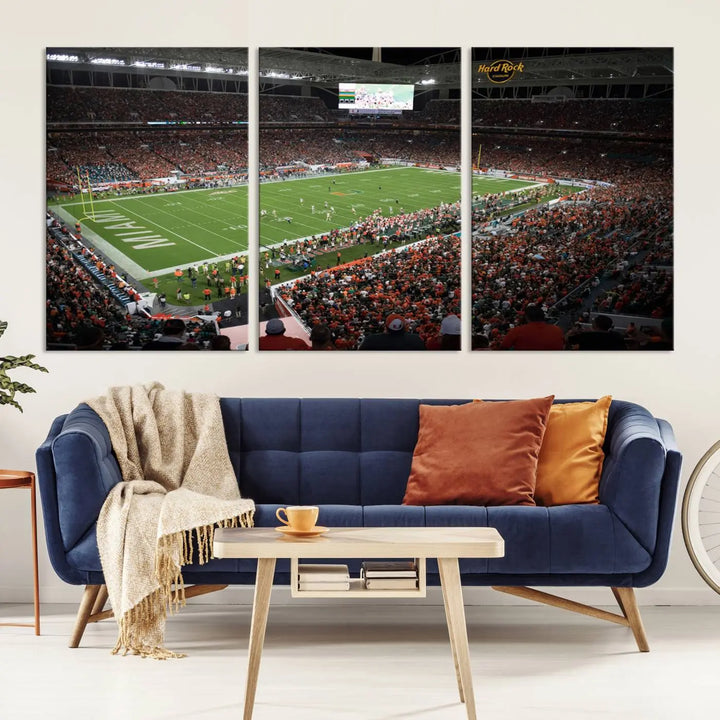 The Miami Hurricanes Football Team Print, showcasing the energetic Miami Hard Rock Stadium filled with fans, is a premium canvas print that offers a gallery-quality finish, ideal for enhancing your space.