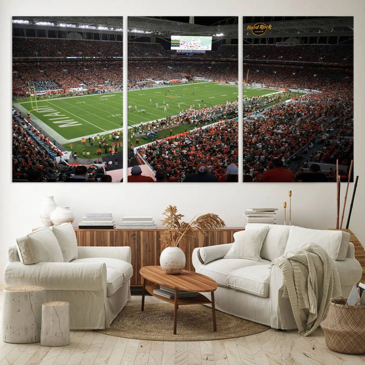 The Miami Hurricanes Football Team Print, showcasing the energetic Miami Hard Rock Stadium filled with fans, is a premium canvas print that offers a gallery-quality finish, ideal for enhancing your space.