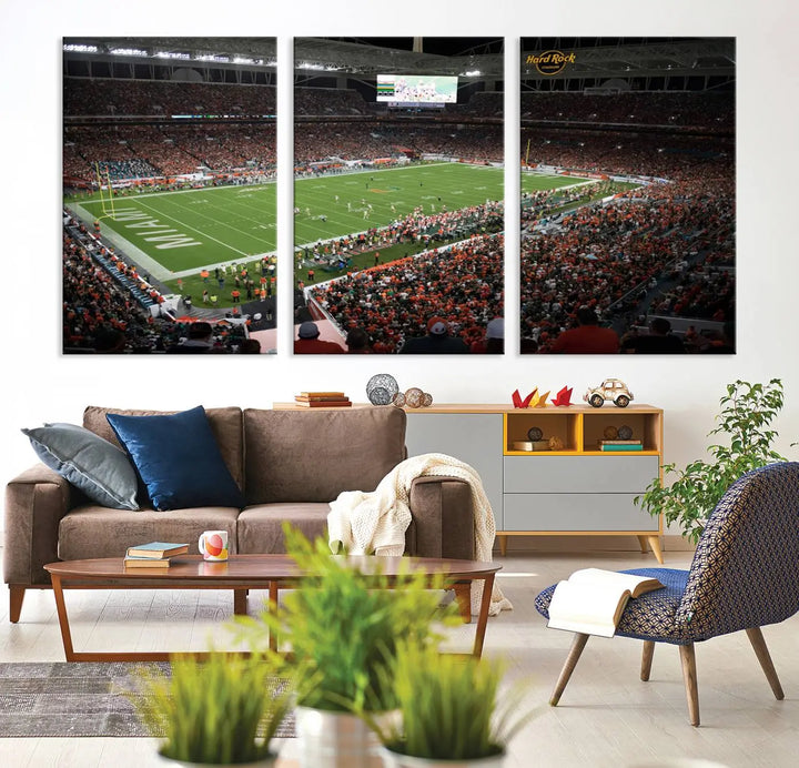 The Miami Hurricanes Football Team Print, showcasing the energetic Miami Hard Rock Stadium filled with fans, is a premium canvas print that offers a gallery-quality finish, ideal for enhancing your space.