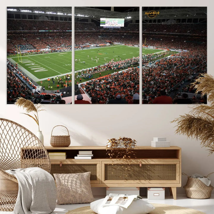 The Miami Hurricanes Football Team Print, showcasing the energetic Miami Hard Rock Stadium filled with fans, is a premium canvas print that offers a gallery-quality finish, ideal for enhancing your space.