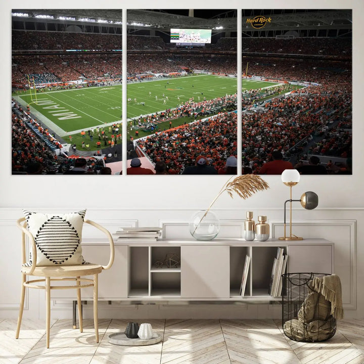 The Miami Hurricanes Football Team Print, showcasing the energetic Miami Hard Rock Stadium filled with fans, is a premium canvas print that offers a gallery-quality finish, ideal for enhancing your space.