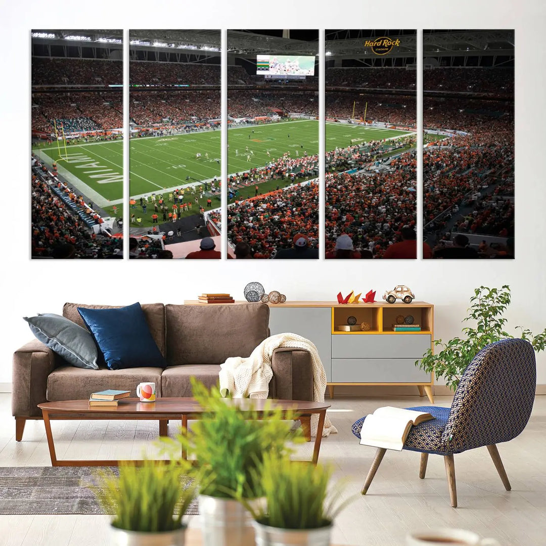 The Miami Hurricanes Football Team Print, showcasing the energetic Miami Hard Rock Stadium filled with fans, is a premium canvas print that offers a gallery-quality finish, ideal for enhancing your space.