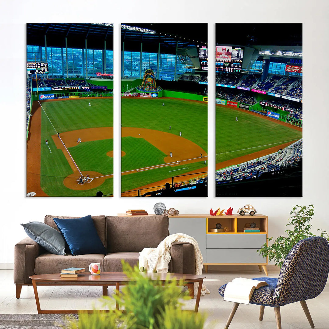 A striking three-panel Miami Marlins wall art of the LoanDepot Park stadium hangs above, enhancing the space with its premium canvas and gallery-quality finish.